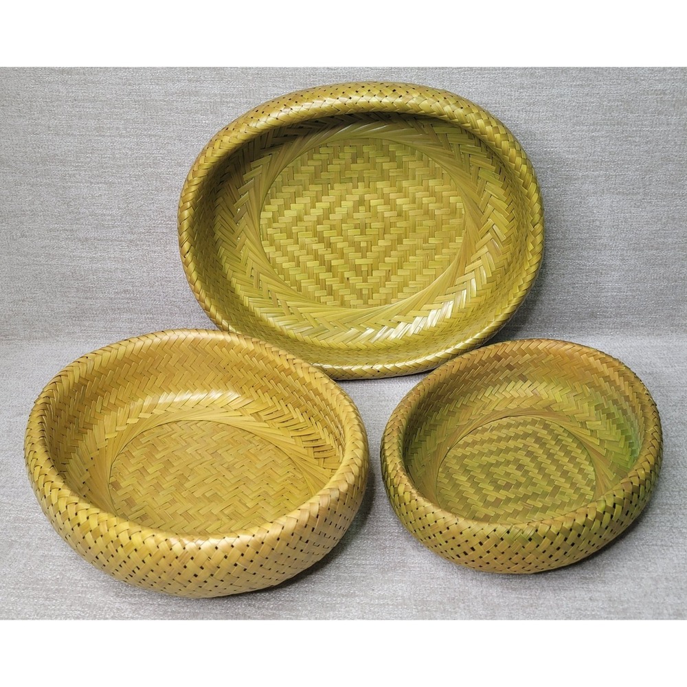 3 Crate & Barrel Bambu Bamboo Nesting Bowls Woven 11 1/2" x 14" Large Basket - Picture 6 of 12
